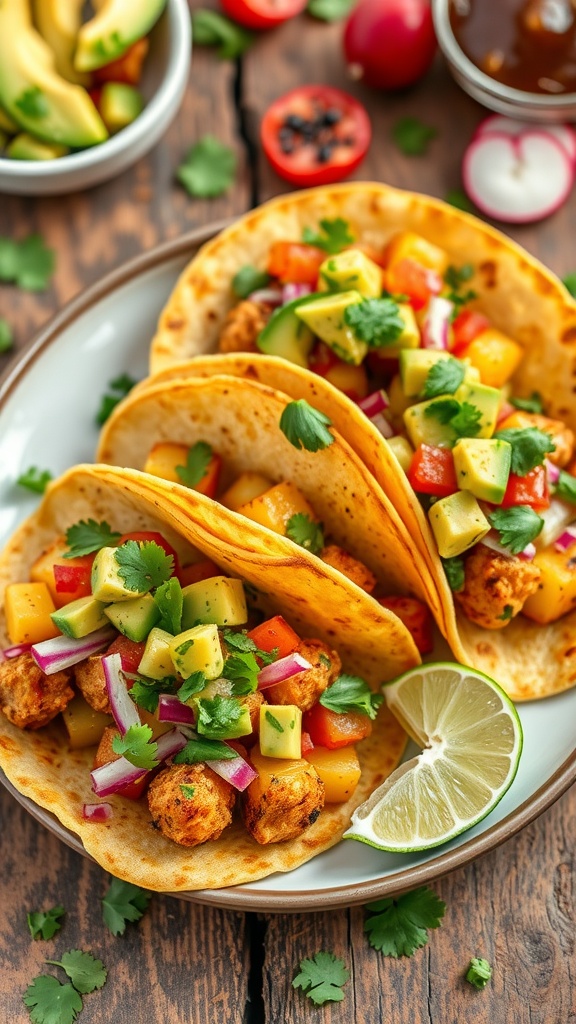 A delicious serving of potato tacos with avocado salsa, garnished with cilantro and lime on a rustic table.